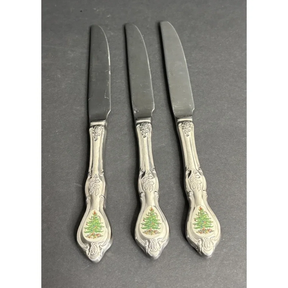 3 Spode Christmas Dinner Knives Tree Stainless Flatware Wallace 9 3/4